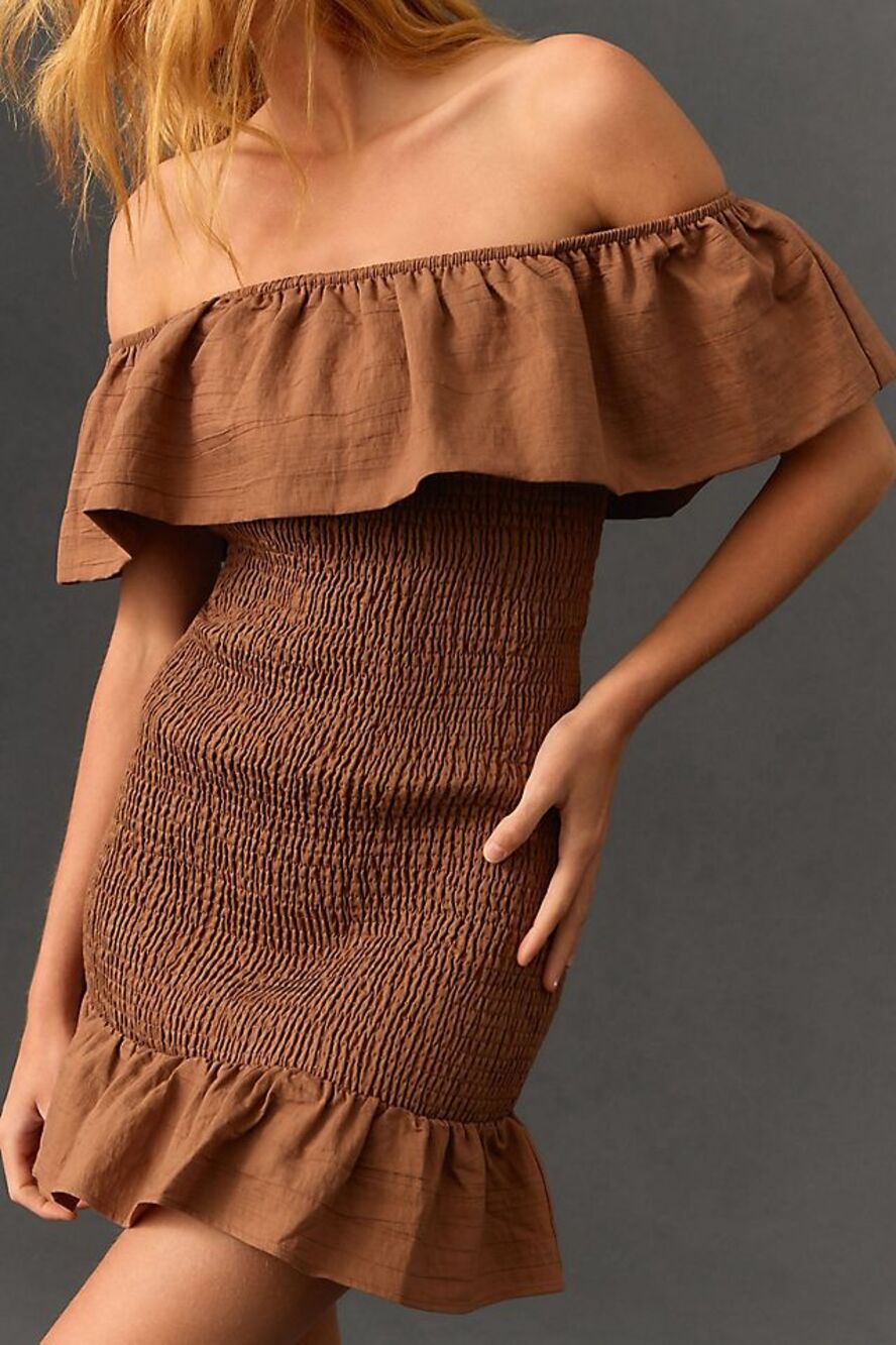 By Anthropologie Off the Shoulder Smocked Ruffle Mini Dress — Rum Raisin (Brown)